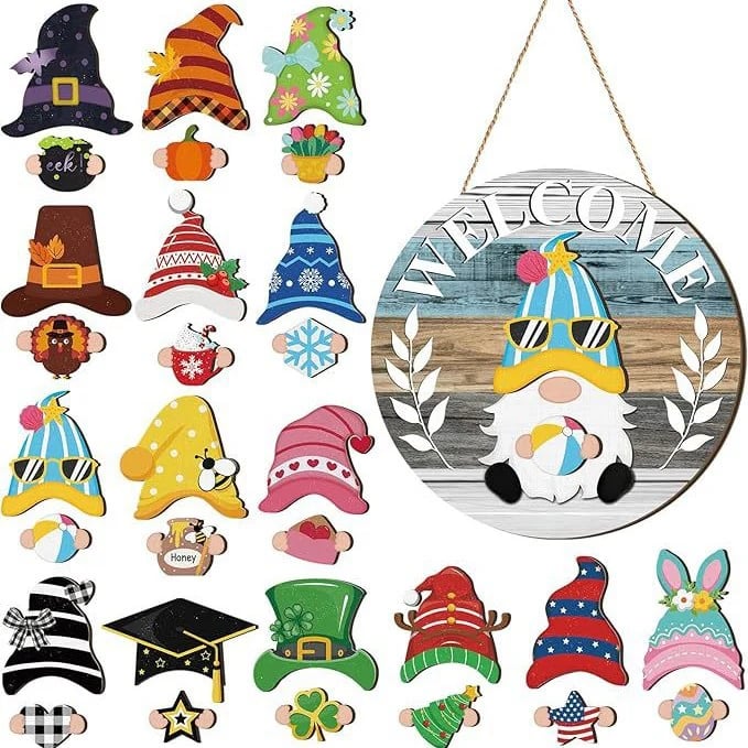 🎉Interchangeable Wooden Gnome Welcome Sign🎈