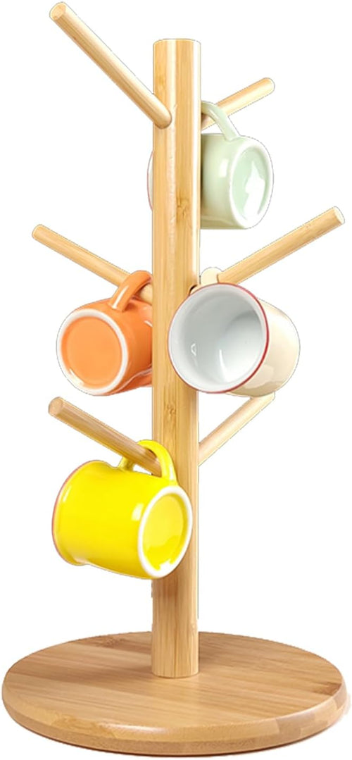 Wooden Coffee Mug Tree – Cup Holder Stand with 6 Hooks & Round Base