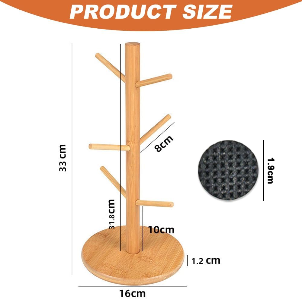 Wooden Coffee Mug Tree – Cup Holder Stand with 6 Hooks & Round Base