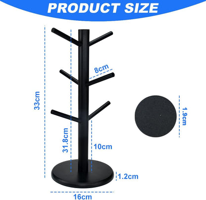 Wooden Coffee Mug Tree – Cup Holder Stand with 6 Hooks & Round Base