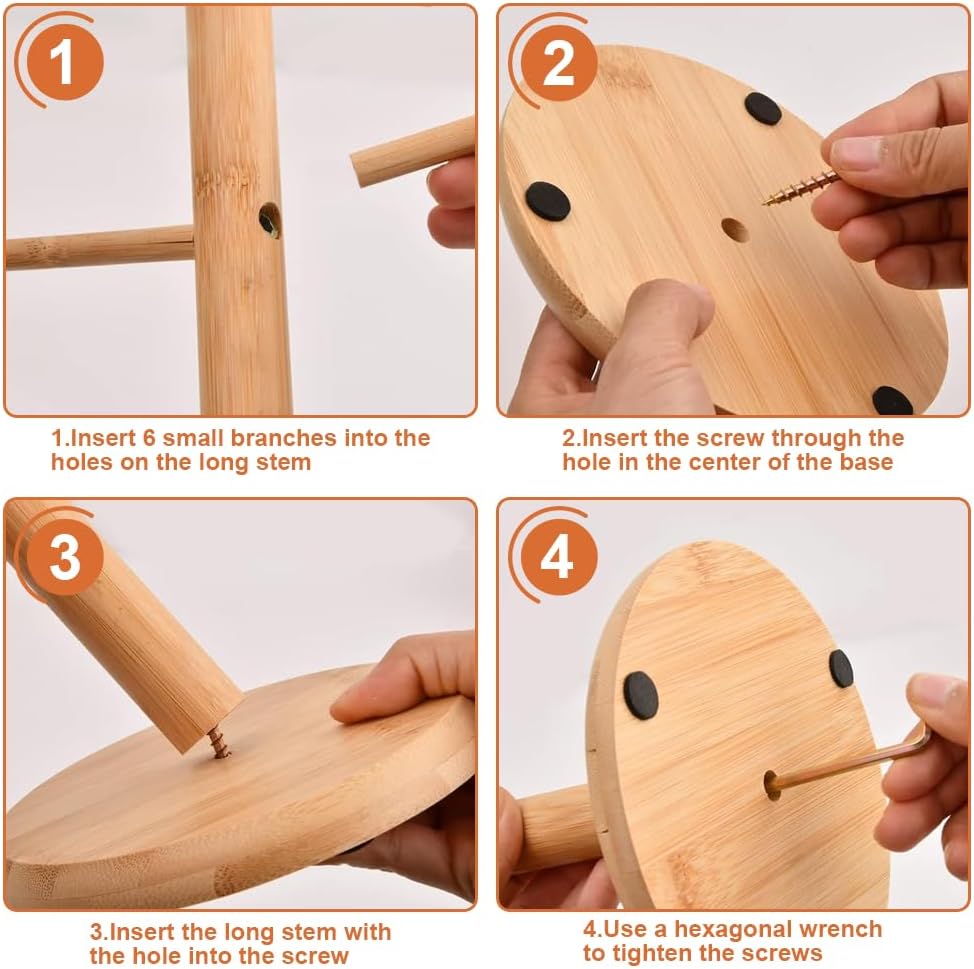Wooden Coffee Mug Tree – Cup Holder Stand with 6 Hooks & Round Base