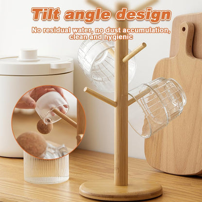 Wooden Coffee Mug Tree – Cup Holder Stand with 6 Hooks & Round Base