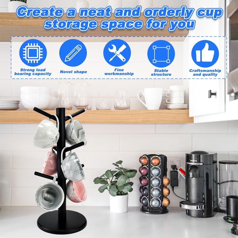 Wooden Coffee Mug Tree – Cup Holder Stand with 6 Hooks & Round Base