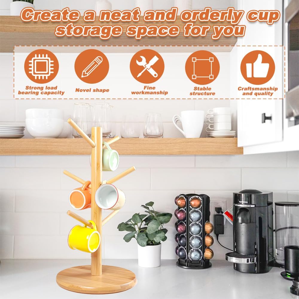 Wooden Coffee Mug Tree – Cup Holder Stand with 6 Hooks & Round Base