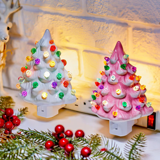 Ceramic Christmas Tree Night Light Set – 2 Pack Vintage Holiday Decor for Bedroom, Porch & Home