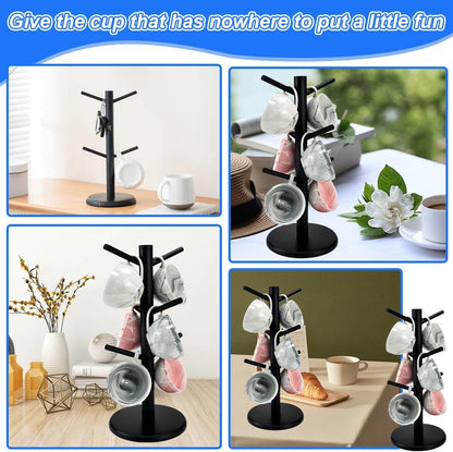 Wooden Coffee Mug Tree – Cup Holder Stand with 6 Hooks & Round Base