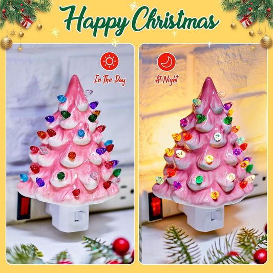 Ceramic Christmas Tree Night Light Set – 2 Pack Vintage Holiday Decor for Bedroom, Porch & Home