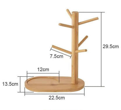 Wooden Coffee Mug Tree – Cup Holder Stand with 6 Hooks & Round Base