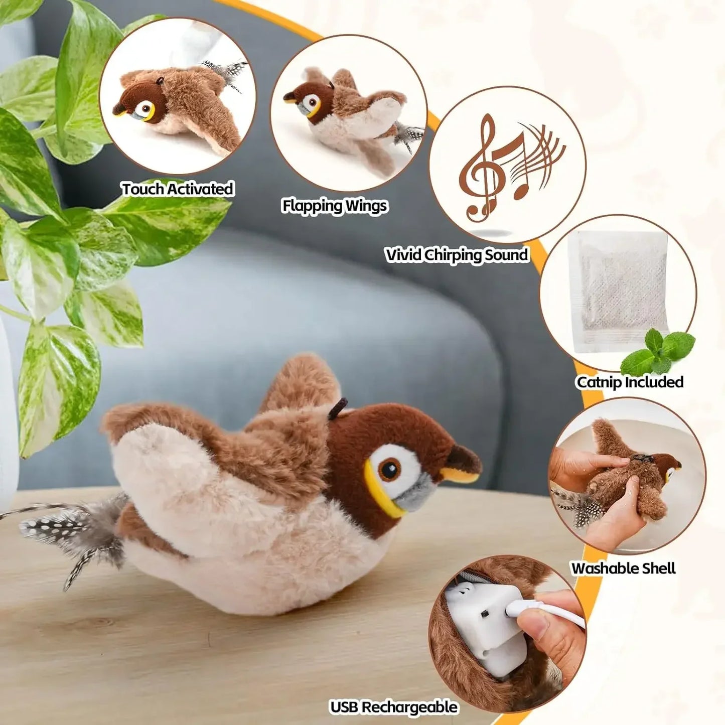 🐱Interactive Cat Toy – Rechargeable Chirping Bird Plush with Catnip