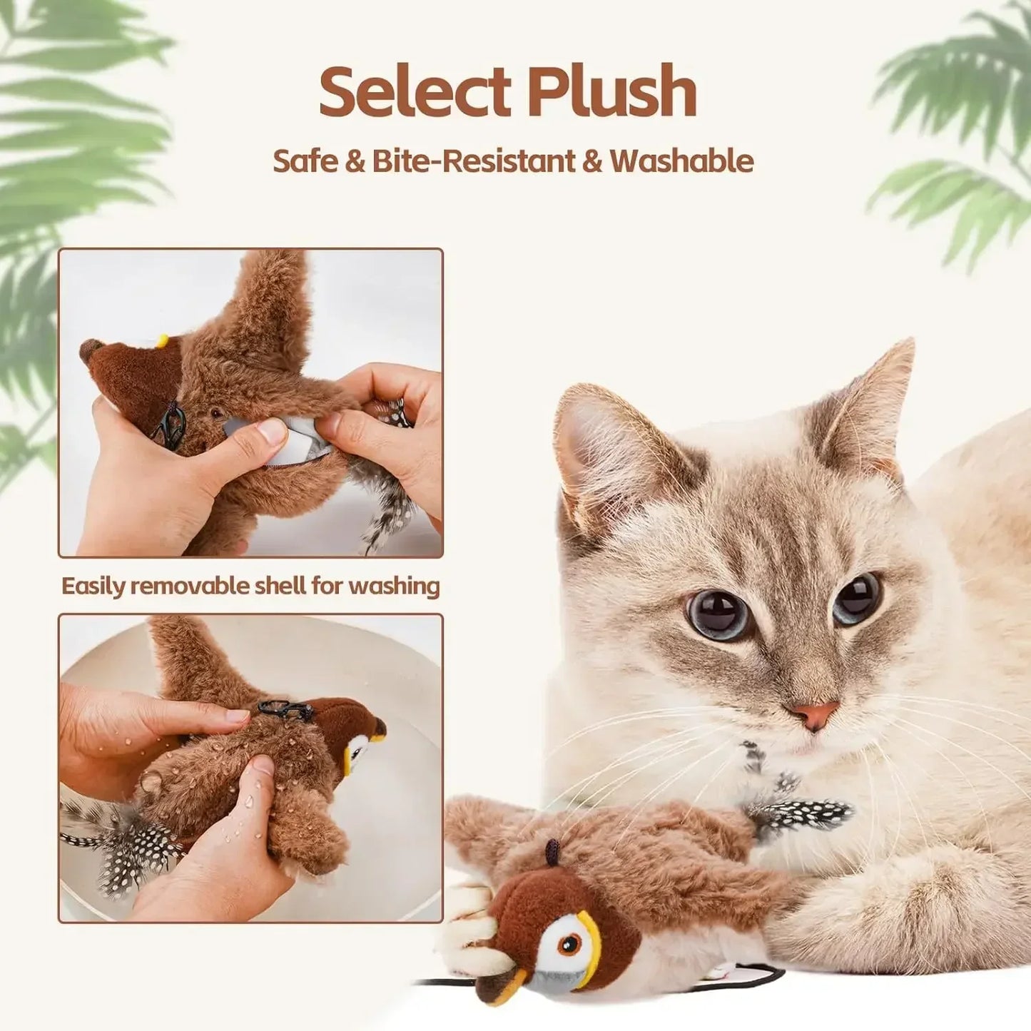 🐱Interactive Cat Toy – Rechargeable Chirping Bird Plush with Catnip