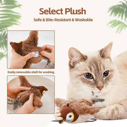 🐱Interactive Cat Toy – Rechargeable Chirping Bird Plush with Catnip