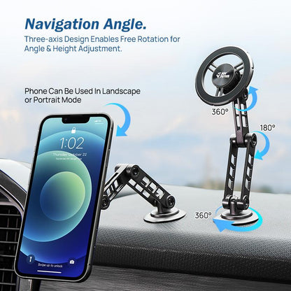 Magnetic Alloy Car Phone Holder – Rotating Folding MagSafe Mount, Compact & Durable for Easy Navigation and Calls