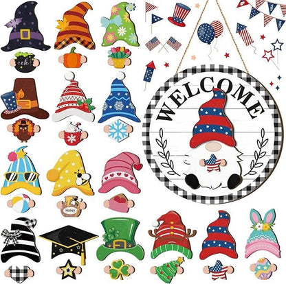 🎉Interchangeable Wooden Gnome Welcome Sign🎈
